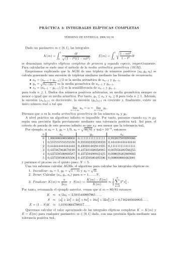 INTEGRALES ELÍPTICAS COMPLETAS Dado un parámetro m ∈ [0,1]