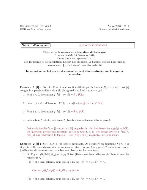 Corrigé de l'examen du 15 décembre 2010