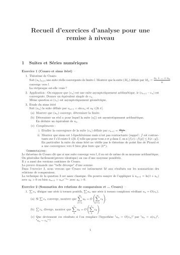 Recueil d'exercices d'analyse pour une remise à niveau