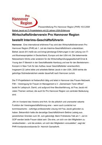 Wirtschaftsförderverein Pro Hannover Region bestellt Interims ...