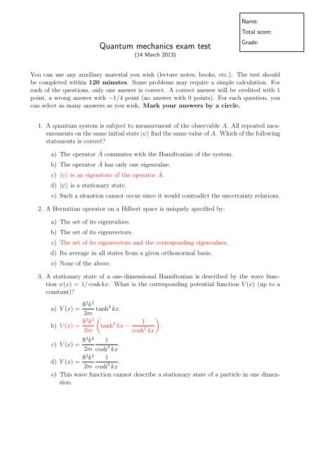 Quantum Mechanics Exam Test