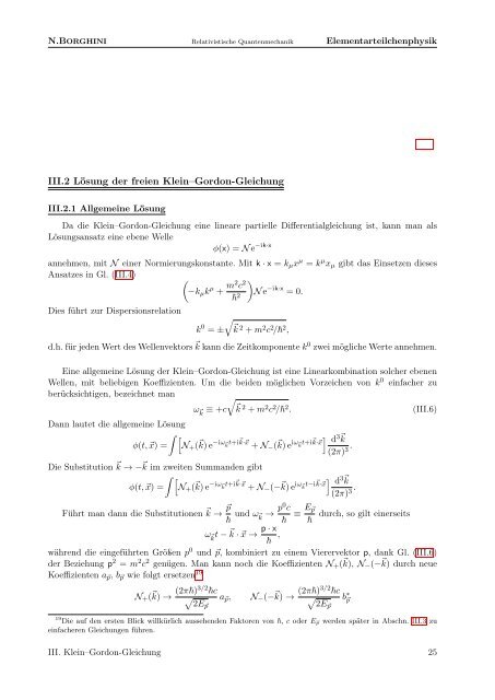 III.2 Lösung der freien Klein–Gordon-Gleichung
