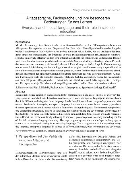 Von der Fachsprache, der Alltagssprache und ihren ... - Physik