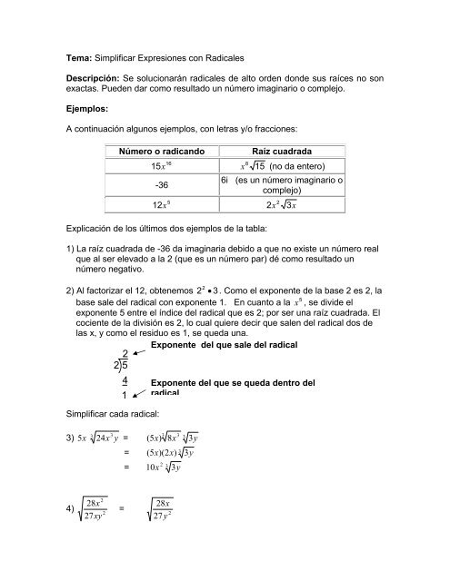 Tema 3: Simplificación de raices cuadradas