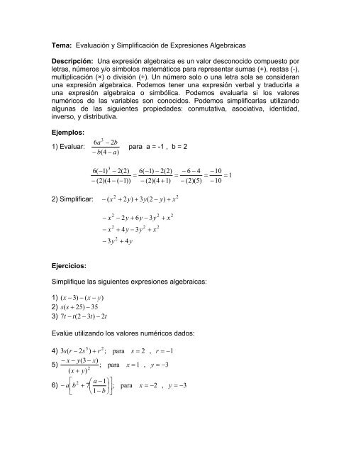 Tema: Evaluación y Simplificación de Expresiones Algebraicas ...