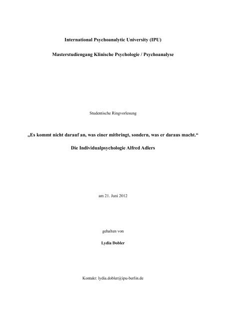 International Psychoanalytic University (IPU) - Alfred Adler Institut ...