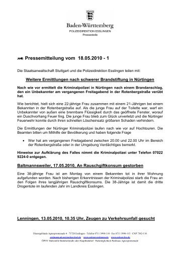 Pressemitteilung vom 18.05.2010 - 1 - Polizeidirektion Esslingen