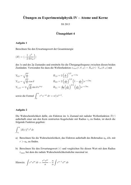 Übungen zu Experimentalphysik IV – Atome und Kerne - 4 ...