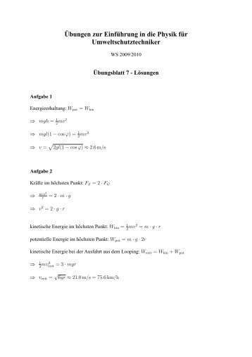 Übungen zur Einführung in die Physik für Umweltschutztechniker