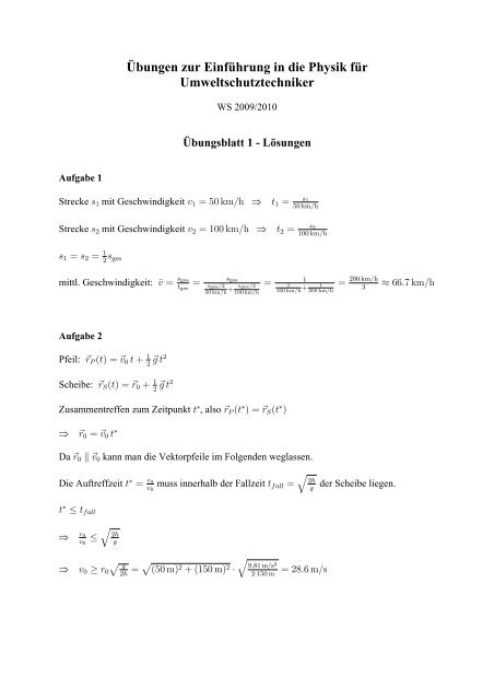 Übungen zur Einführung in die Physik für Umweltschutztechniker