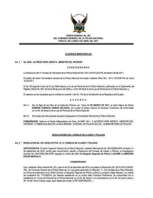 ORDEN GENERAL No. 067 DEL COMANDO GENERAL DE LA ...