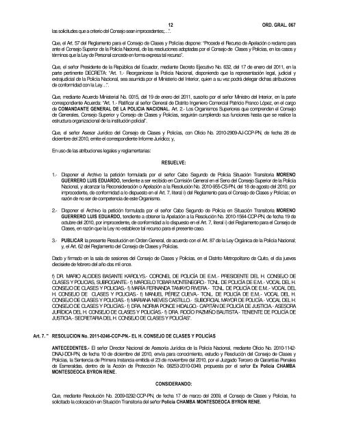 ORDEN GENERAL No. 067 DEL COMANDO GENERAL DE LA ...