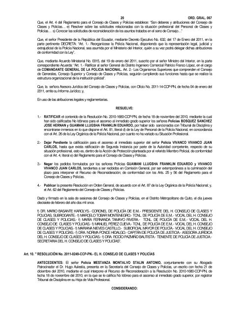 ORDEN GENERAL No. 067 DEL COMANDO GENERAL DE LA ...