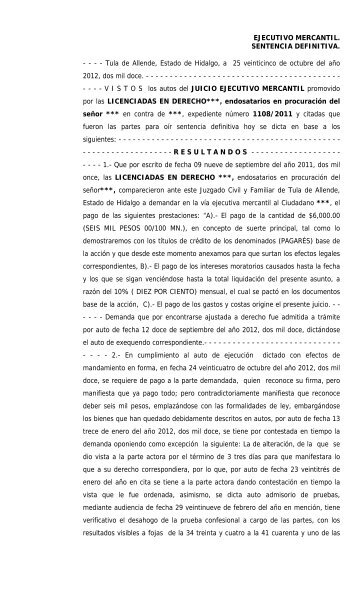 EJECUTIVO MERCANTIL. SENTENCIA DEFINITIVA. - - - - Tula de ...