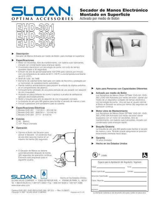 Especificaciones del Optima EHD-301, EHD-302 & EHD-304