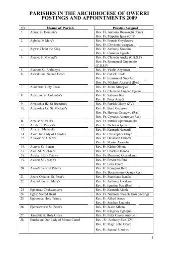 parishes in the archdiocese of owerri postings and appointments 2009