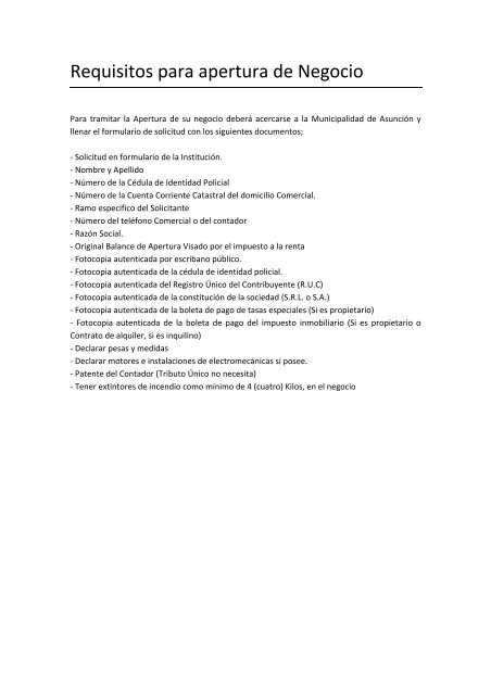 Requisitos para Apertura de Negocio (Municipalidad  Leyes.com.py