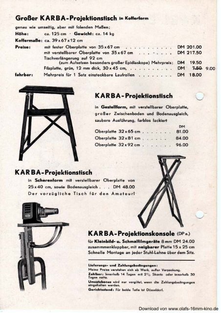 Prospekt Karba Projektionstisch - Olafs 16mm Kino