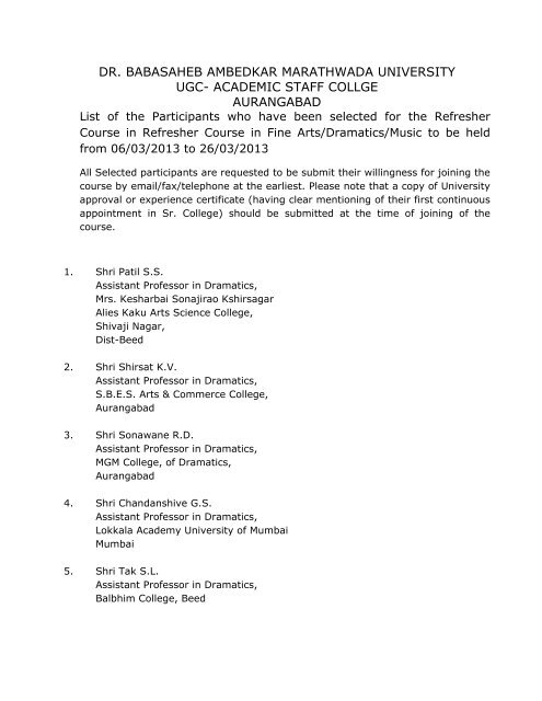 dr. babasaheb ambedkar marathwada university ugc- academic staff ...