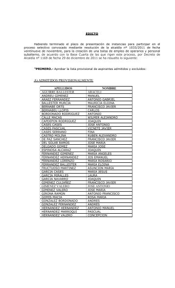 lista provisional admitidos bolsa trabajo operarios y personal ...