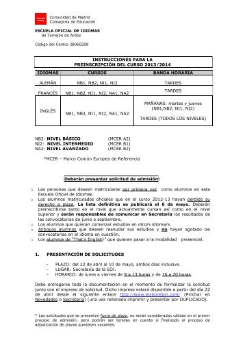 Instrucciones Preinscripción 2013/2014 - Escuela Oficial de Idiomas ...