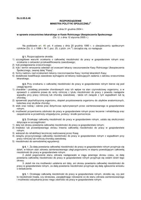 Rozporządzenia Ministra Polityki Społecznej z dnia 31 ... - KRUS