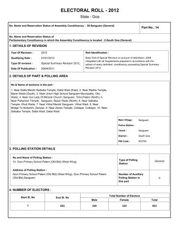 ELECTORAL ROLL - 2012 - The Chief Electoral Officer,Goa State