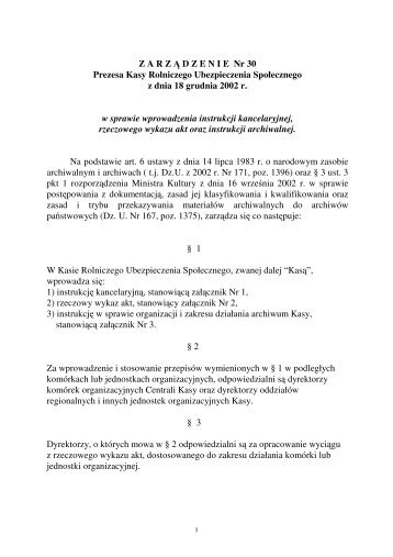 Zarządzenie Nr 30 Prezesa Kasy z dnia 18 grudnia 2002 r ... - KRUS