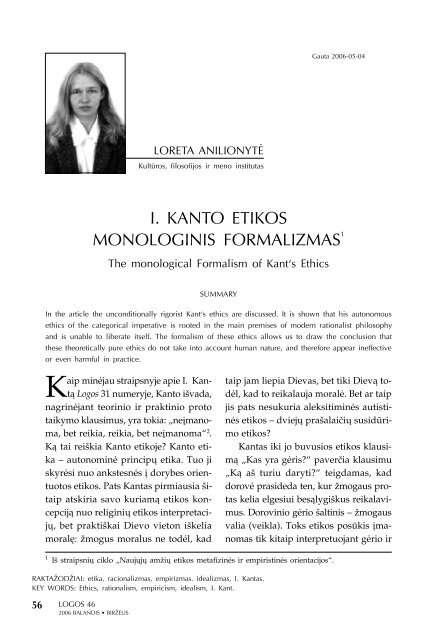 I. Kanto etikos monologinis formalizmas - Logos