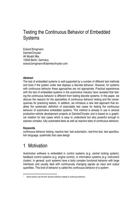 Testing the Continuous Behavior of Embedded Systems 1 ... - PikeTec