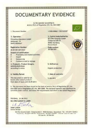 Organic certificate - Prima-vera.de