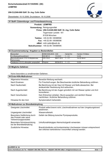 Sicherheitsdatenblatt 91/155/EWG (DE) LEIMFREI UNI-CLEAN-900 ...