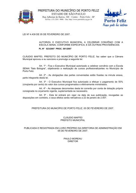 Lei 4439 - convenio com a escola SENAI - Prefeitura Municipal de ...