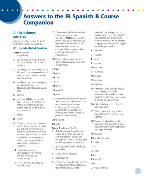 Answers to the IB Spanish B Course Companion