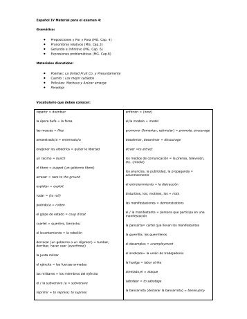 Español IV Material para el examen 4: Gramática: • Preposiciones y ...