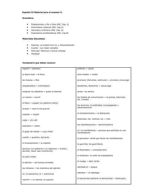 Español IV Material para el examen 4: Gramática: • Preposiciones y ...