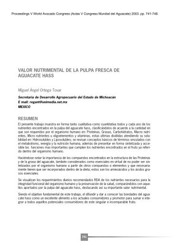 Valor nutrimental de la pulpa fresca de aguacate Hass