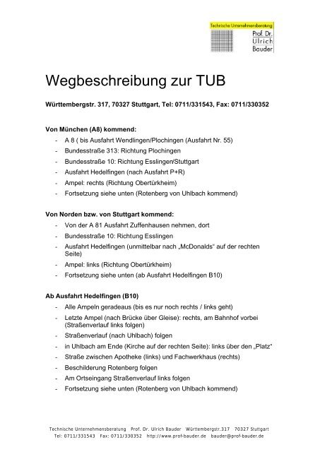 Wegbeschreibung mit Anfahrtsskizze - Prof. Dr. Ulrich Bauder