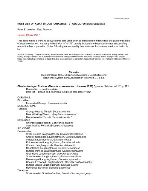 HOST LIST OF AVIAN BROOD PARASITES - 2 - The Field Museum