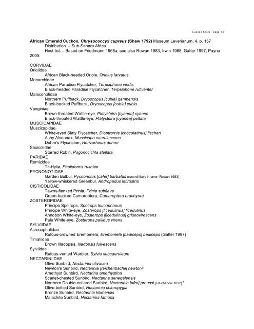 HOST LIST OF AVIAN BROOD PARASITES - 2 - The Field Museum