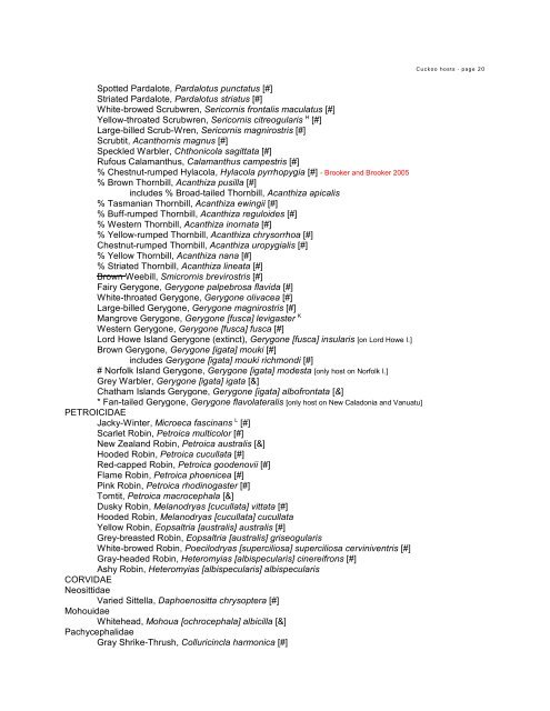 HOST LIST OF AVIAN BROOD PARASITES - 2 - The Field Museum