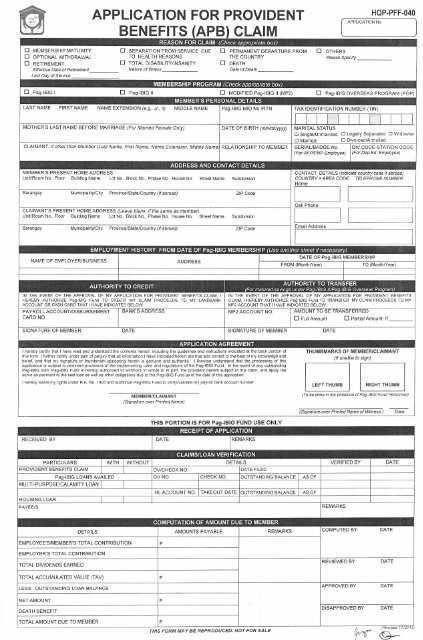 application for provident benefits (apb) - Pag-Ibig Fund