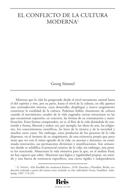 El conflicto de la cultura moderna. Simmel, Georg (REIS Nº ... - Dialnet