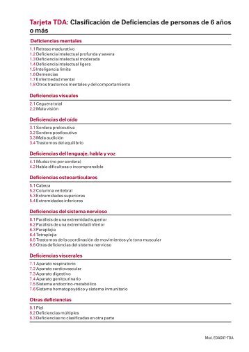 Tarjeta TDA: Clasificación de Deficiencias de personas de 6 años o ...