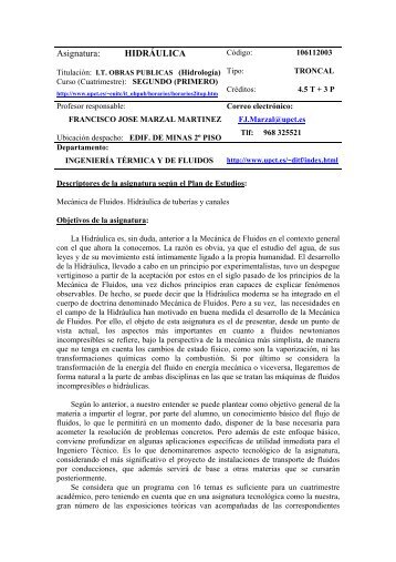 Asignatura: HIDRÁULICA - Universidad Politécnica de Cartagena