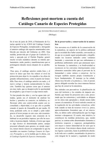 Reflexiones post-mortem a cuenta del Catálogo Canario de ...