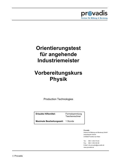 Orientierungstest für angehende Industriemeister ... - Provadis