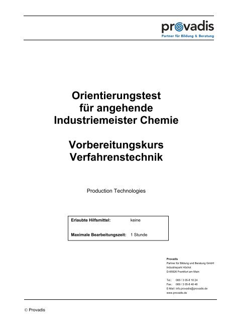 Orientierungstest für angehende Industriemeister Chemie ... - Provadis