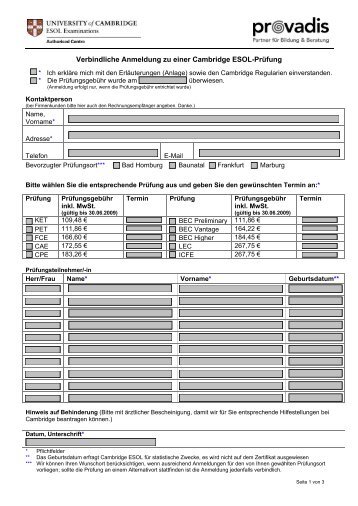 Verbindliche Anmeldung zu einer Cambridge ESOL ... - Provadis