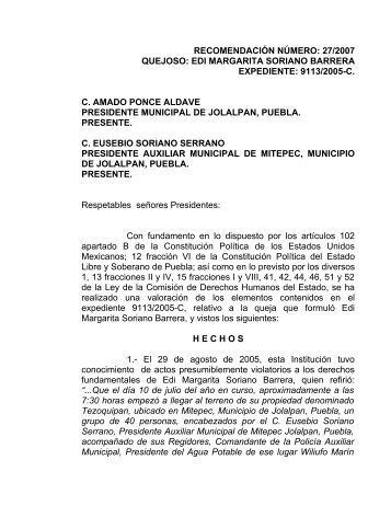 recomendación número: 27/2007 quejoso: edi margarita soriano ...